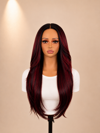 26" Burgundy Wine Straight Wig – T Part Lace